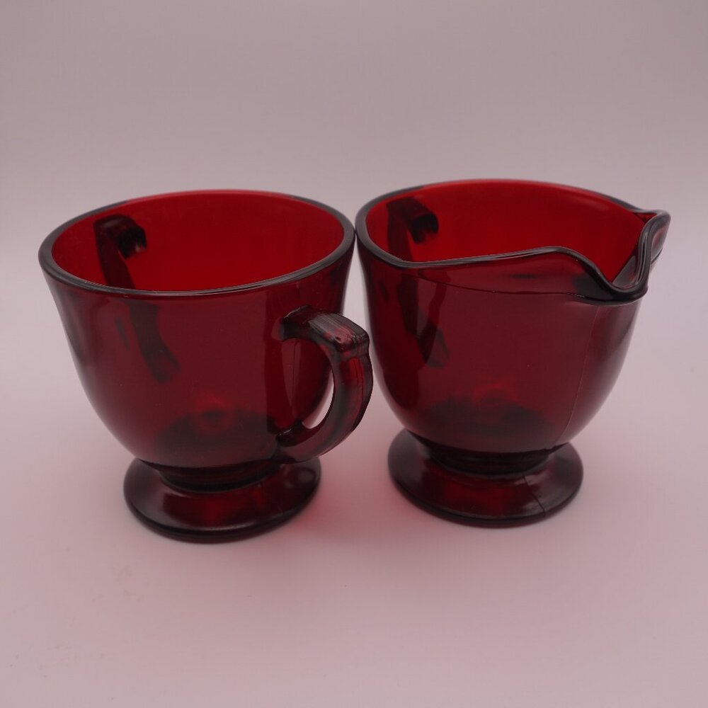 Red Glass Sugar Bowl and Milk Jug Set